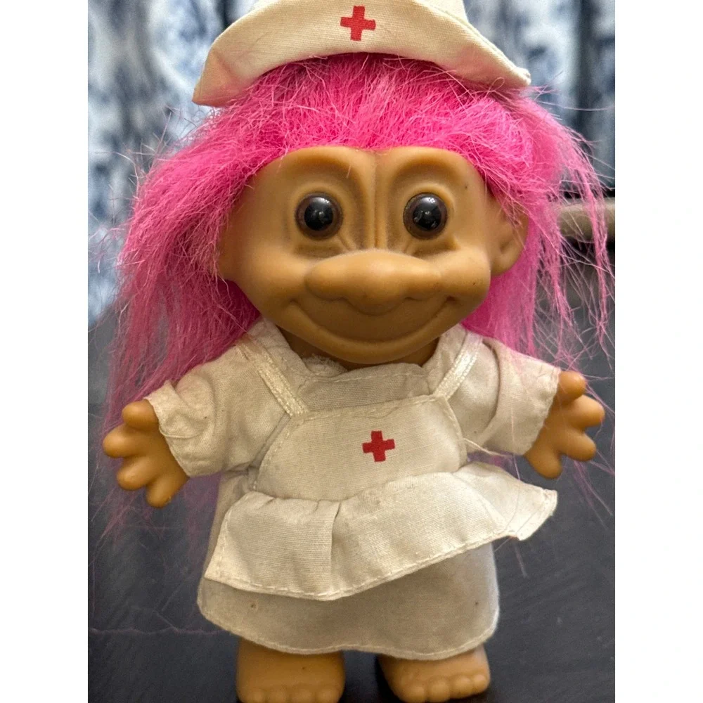 Vintage Russ Berrie Nurse Troll Doll Pink‎ Hair White Uniform Item 18309
